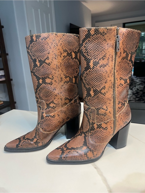 Franco Sarto Shoes - Snake-Print Mid-Calf Western Block Heel Boots - Brown